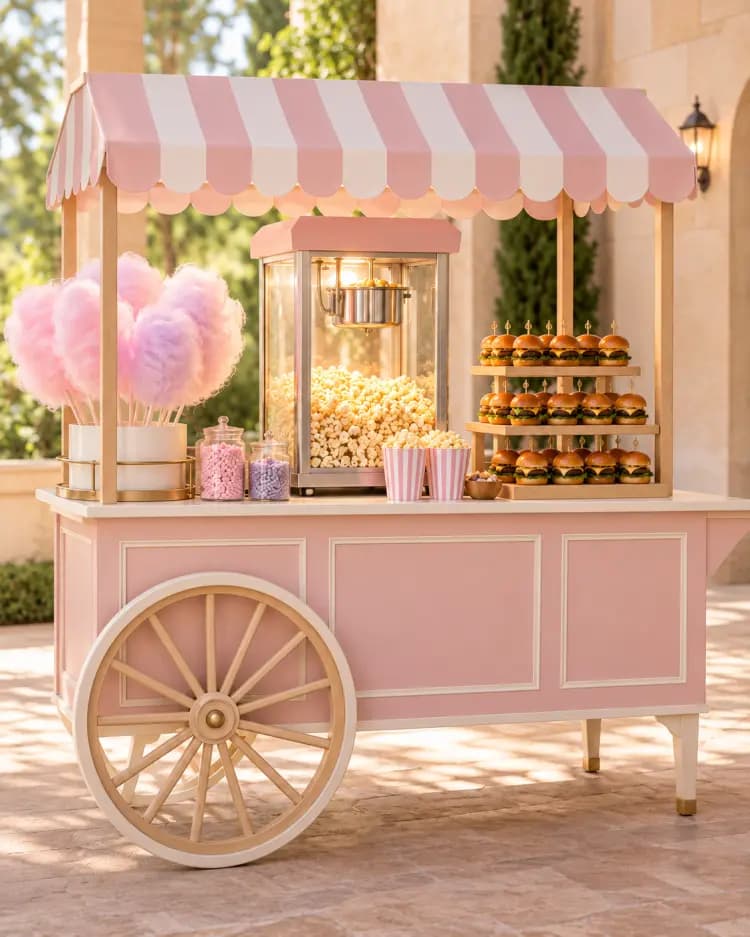 Carrito de algodón, Pop Corn y mini burgers para eventos