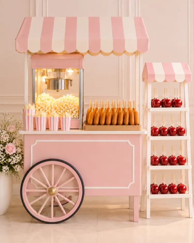 Carrito de Pop Corn, panchos y manzanas acarameladas para eventos