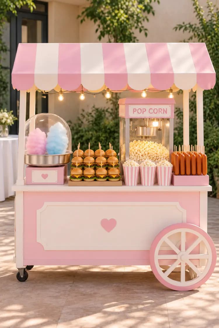 Carrito con mini burgers, hotdog y Pop Corn para eventos