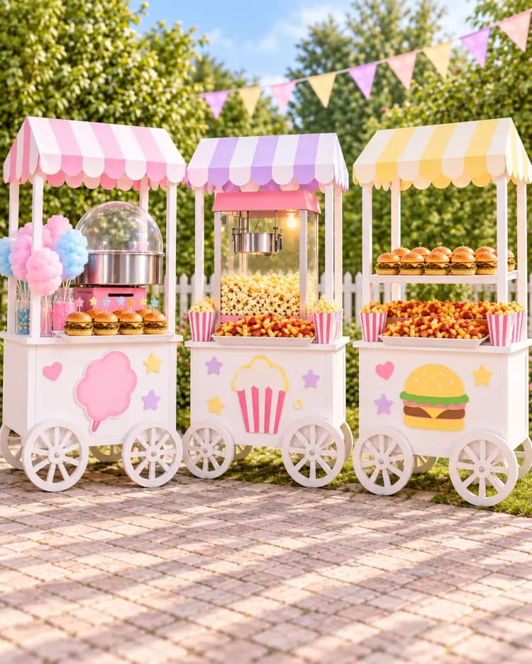Carritos con mini hamburguesas, mini salchipapas, algodón y Pop Corn para eventos